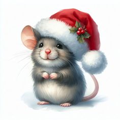 a mouse wearing a santa hat on top of it's head and sitting down