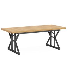 a wooden table with metal legs and a wood top on an isolated white background,