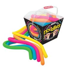 assorted neon colored foam rings in a box