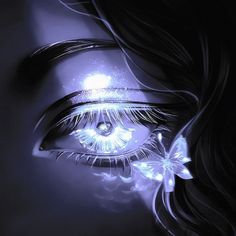 a woman's eye with glowing blue eyes and butterflies on her eyelashes, in front of a dark background