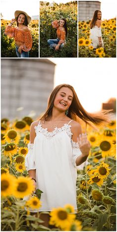 a woman standing in a field of sunflowers