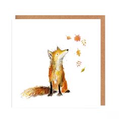 a card with an image of a fox and falling leaves