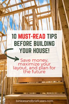 The photo shows the framing of a staircase in a new construction build. Text says, "10 must-read tips before building your house! Save money, maximize your layout, and plan for the future." Budget Home Build, Budget Home Building, Best Budget House Design, House Materials Building, Build Your Own House Plans, How To Plan Building A House, Money Saving Tips When Building A House, How Much To Build A House, How To Start Building A House