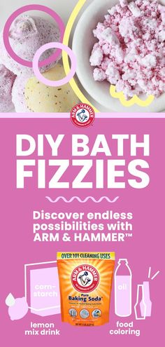 a pink poster with the words diy bath fizzies and other items on it