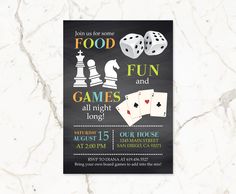 a black and white poster with some dices on it's side that says, fun and games all night long