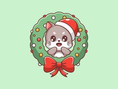 a christmas wreath with a cat wearing a santa's hat and bow on it