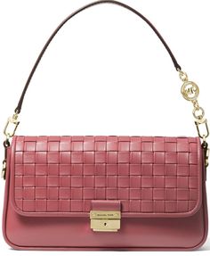 Michael Michael Kors Bradshaw Woven Convertible Shoulder Bag In Light Berry Sorbet/Gold Small sized bag 10-3/4”W*5-9/10”H*2-3/4”D(width is measured across the bottom of handbag.) 7”L handle 18”-22”L adjustable, removable strap. Flap push-lock closure.  1 interior zip pocket, 1 slip pocket. Dust bag included. Leather lining polyester trim leather. Gold tone exterior hardware, logo 1 push lock pocket.NOTICE: PLEASE READ BEFORE BIDDING OR BUYING   ALL ITEMS OFFERED FOR SALE BY MARQUEE SHOES AND ACC Berry Sorbet, Bag Light, Online Bags, Beautiful Bags, Small Bag, Michael Kors Bag, Small Bags, Convertible, Bags Handbags