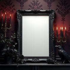 a mirror and some candles on a table