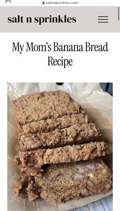 the recipe for my mom's banana bread is shown in an email postcard