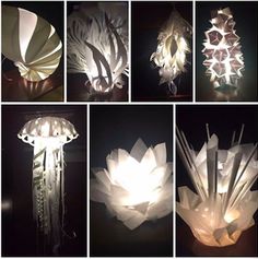 many different types of paper lamps with lights on them and in the shape of flowers