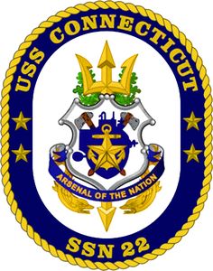 the uss conn logo is shown in blue and white with gold trimmings