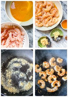 four pictures showing different types of food being cooked