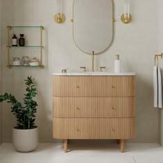 a bathroom with a sink, mirror and plants on the counter in front of it