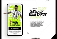 an advertisement for a soccer card game featuring a player with his arms out and the words level - up your cards below