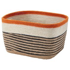 an orange, white and black striped basket on a white background with the bottom stripe down