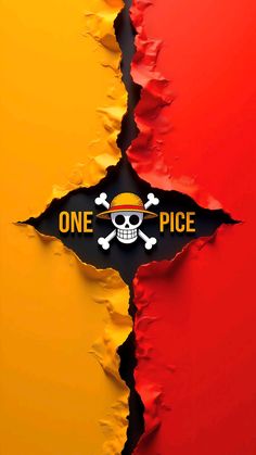 the one piece skull and crossbones logo is shown on an orange, yellow and red background