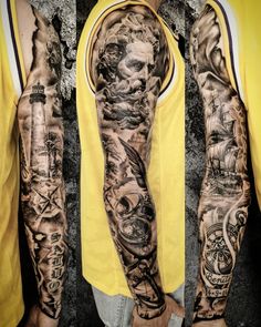 a man wearing a yellow shirt with tattoos on his arms