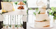 the wedding cake is decorated with greenery and gold lettering on it's sides