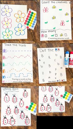 four different types of printable worksheets for children to practice their handwriting and numbers