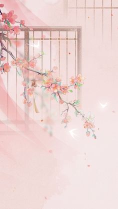 a pink background with flowers and a bird cage