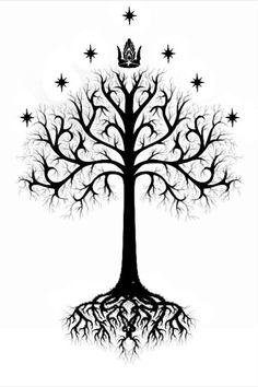 a black and white drawing of a tree with roots