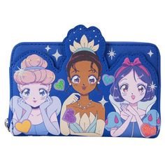 a blue wallet with princesses on it