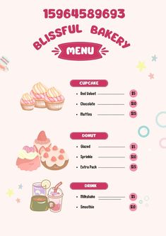 a menu for a bakery with different items on it