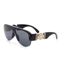 From Versace&#x2C; these sunglasses feature: Shield ShapeAcetate FrameRimlessSolid LensImported. Versace Shades Men, Versace Glasses For Men, Versace Sunglasses Men, Unique Glasses Frames, Versace Shades, Spud Webb, High Knee Boots, Knee Boots Outfit, Unique Glasses