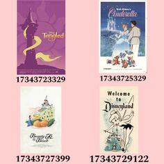 some disney posters are on the wall in different colors and font options for each poster