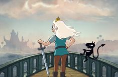 a cartoon character standing on a bridge with a black cat behind her looking at him