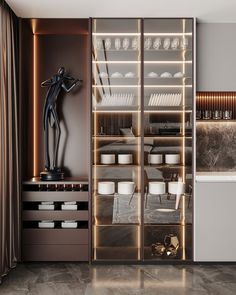 an open closet with glass doors and shelves filled with dishes