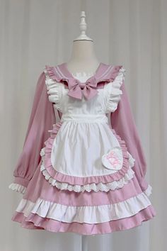 Pink Maid Long Sleeves Ruffle Bowknot Sweet College Style Lolita Dres – LolitaInside Pink Kawaii Mini Dress With Ruffles, Pink Ruffled Mini Dress With Doll Collar, Pink Mini Dress With Ruffles And Doll Collar, Pink Maid Outfit, Fantasy Fits, Ahn Hani, Dark Core, Adopt Idea