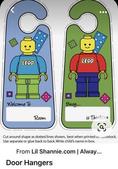 two door hangers with lego characters on them