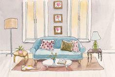 a watercolor painting of a living room with blue couches and colorful throw pillows