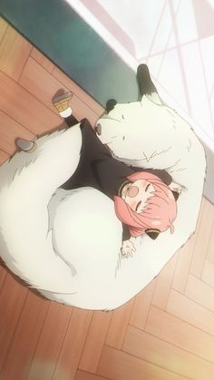 an anime character laying on the floor in front of a polar bear and another animal