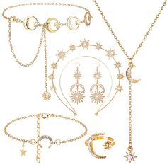 PRICES MAY VARY. Elegant Jewelry Set: the package contains 1 piece of crown, 1 pair of moon and star earrings, 1 piece of necklace and 1 piece of waist chain, 1 piece of ring and 1 piece of bracelet, enough to meet your daily dress needs, you can also share them with your friends and family members Fine Workmanship: our crown headband is made of quality alloy, which is strong and durable, rust resistant and fadeless, not easy to break, deform or bend, and can still retain its color and shape as Moon Goddess Costume, Moon Accessories, Tiaras Jewellery, Halo Crown, Star Headband, Moon And Star Earrings, Wedding Gold, Women's Jewelry Sets, Bracelet Ring