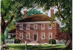 a painting of sheep grazing in front of a large red brick house with white trim