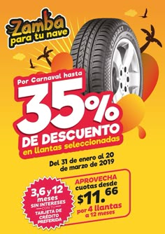 an advertisement for the sale of tires in spanish and english, with birds flying over it