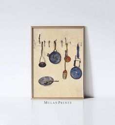 an art piece with pots and pans hanging from hooks on the wall, against a white background