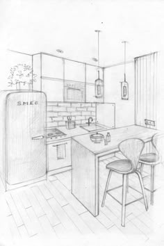 a drawing of a kitchen with an island and stools