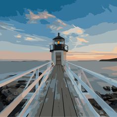 a painting of a light house on a pier at the ocean with clouds in the background