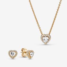 Elevated Hearts of Gold Necklace and Earring Set Pandora Gold Earrings, Pandora Gold Jewelry, Gold Pandora Necklace, Jewellery Gold Necklace, Cute Earrings Aesthetic Gold, Pandora Necklace Gold, Gold Necklace And Earrings Set, Pandora Gold Necklace, Necklace And Earring Sets