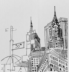 a black and white drawing of buildings in the city