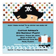 a birthday party with a pirate ship on it's back and polka dots around the edges