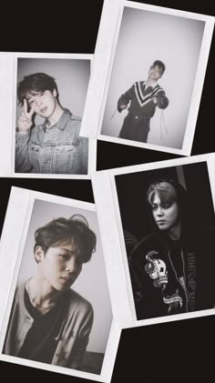 four black and white photos of young men with different hairstyles, one is wearing a denim jacket