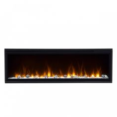 an electric fireplace with bright flames on the sides and black frame, against a white background