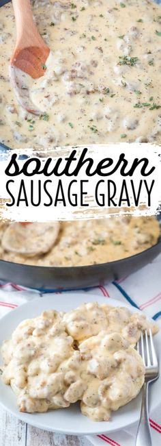 southern sausage gravy in a skillet with a wooden spoon on the side