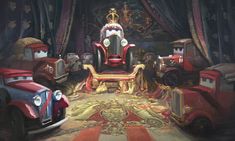 the cars are all lined up in front of the king's chair and throne