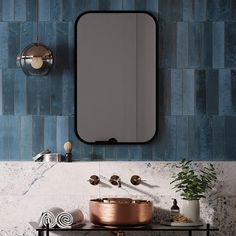 Dark Blue Bathroom Ideas, Moody Blue Bathroom, Nyc Apartment Bathroom, Dark Blue Tile, Dark Blue Bathrooms, Black Faucets, Tiled Bathrooms, Sutton House, Blue Bathroom Tile