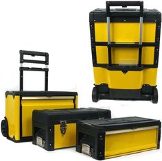 three pieces of yellow and black luggage sitting next to each other